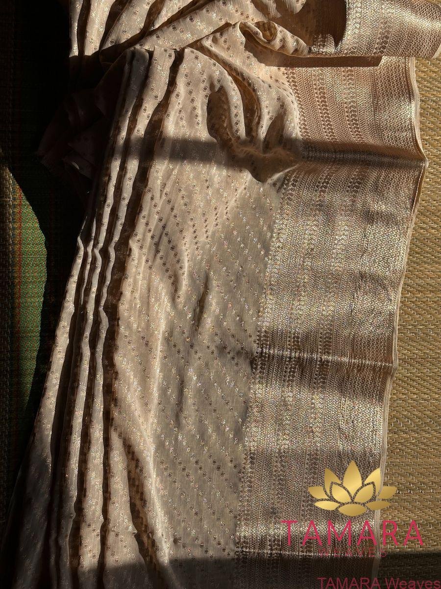 Tamara Semi Banarasi Chiffon Saree - Beige or biscuit shade - CH01 - Image 3