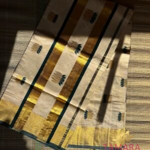 Tamara premium handloom green lotus motif tissue cotton saree from Kuthampully