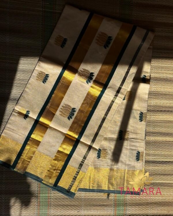 Tamara premium handloom green lotus motif tissue cotton saree from Kuthampully