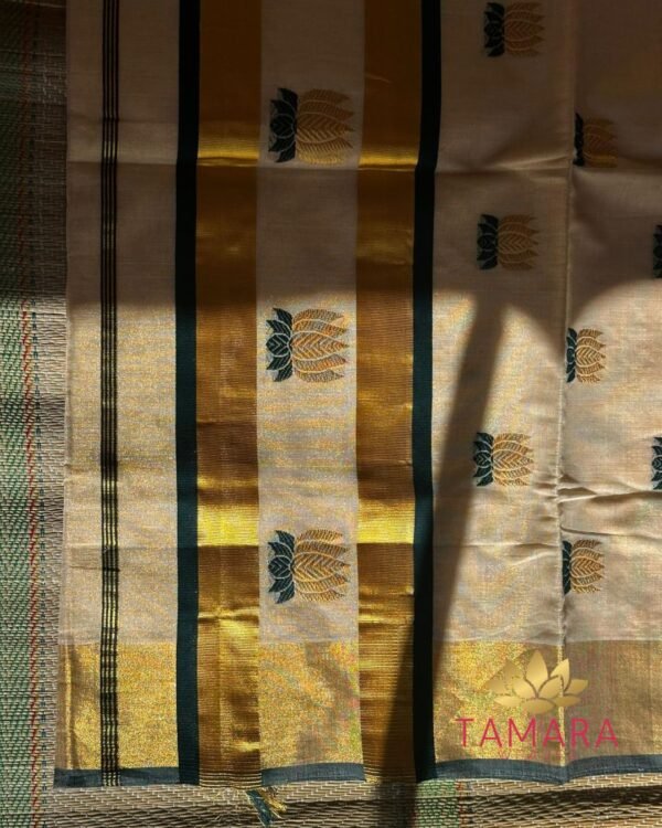 Tamara premium handloom green lotus motif tissue cotton saree from Kuthampully - Image 2