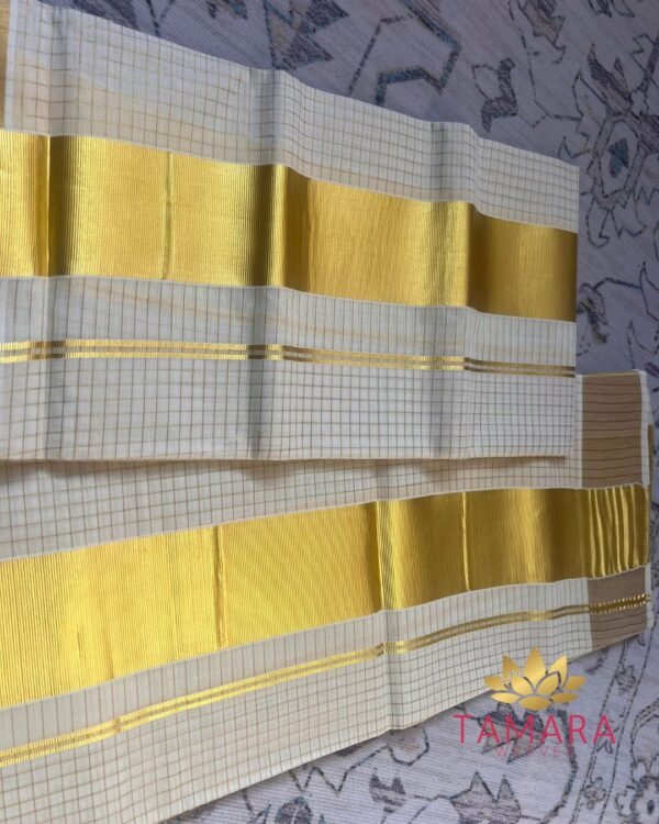 Tamara Kerala Set Mundu – Gold micro checks