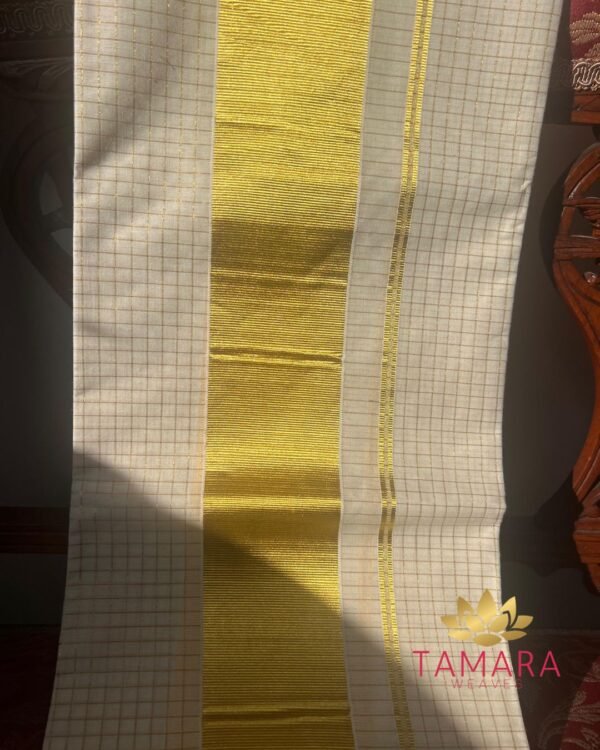 Tamara Kerala Set Mundu – Gold micro checks - Image 2