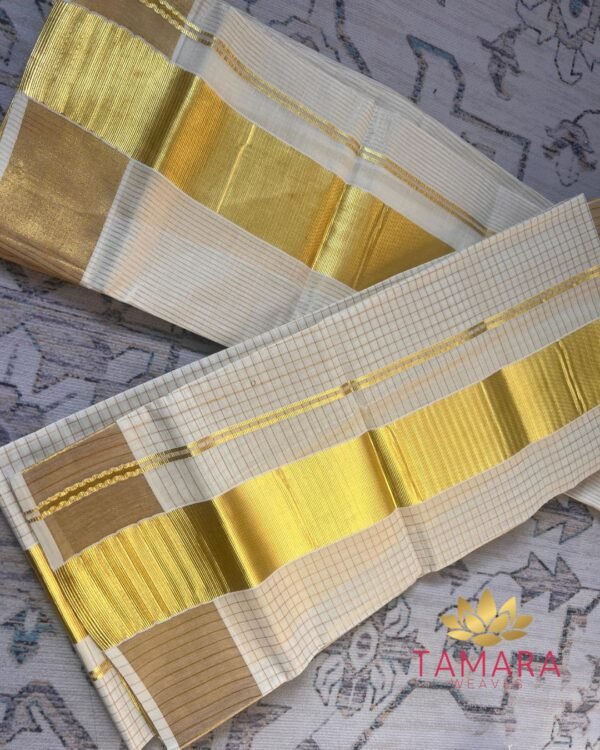 Tamara Kerala Set Mundu – Gold micro checks - Image 3