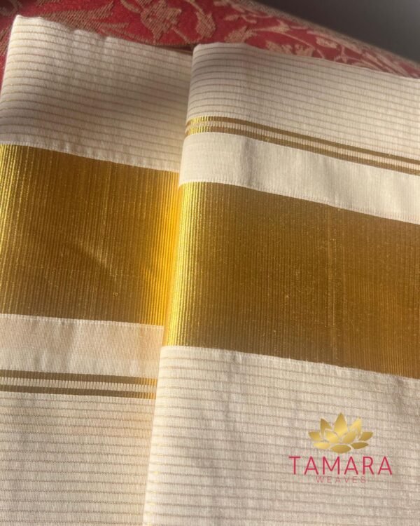 Cream & Gold Micro Stripe Set Mundu - Image 3
