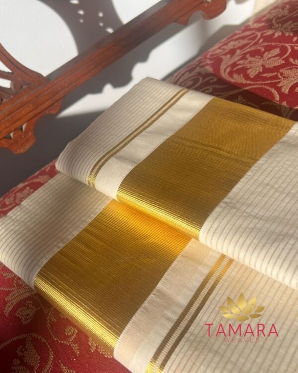 Cream & Gold Micro Stripe Set Mundu - Image 2
