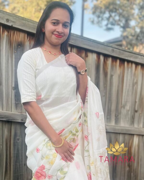 Alia Bhatt Gangubhai Inspired Semi Linen Floral Print Saree - Image 2