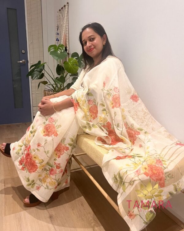 Alia Bhatt Gangubhai Inspired Semi Linen Floral Print Saree - Image 3
