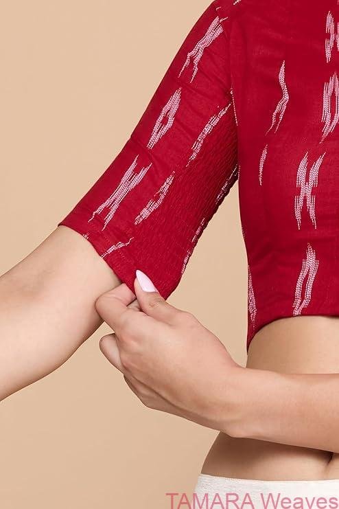 Stretchable Ready to wear Saree Blouse - Red Ikat Cotton Blouse - Image 3
