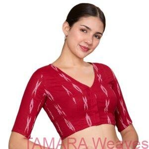 Stretchable Ready to wear Saree Blouse - Red Ikat Cotton Blouse