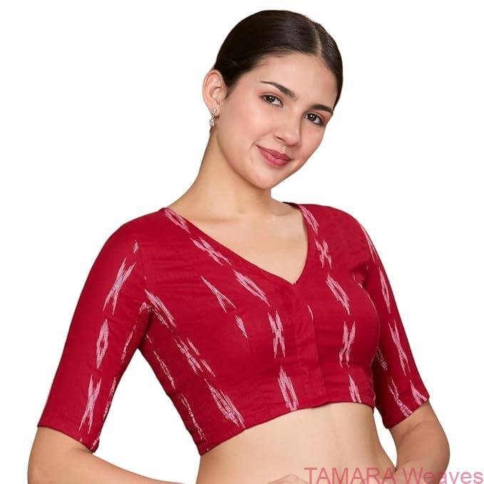 Stretchable Ready to wear Saree Blouse - Red Ikat Cotton Blouse