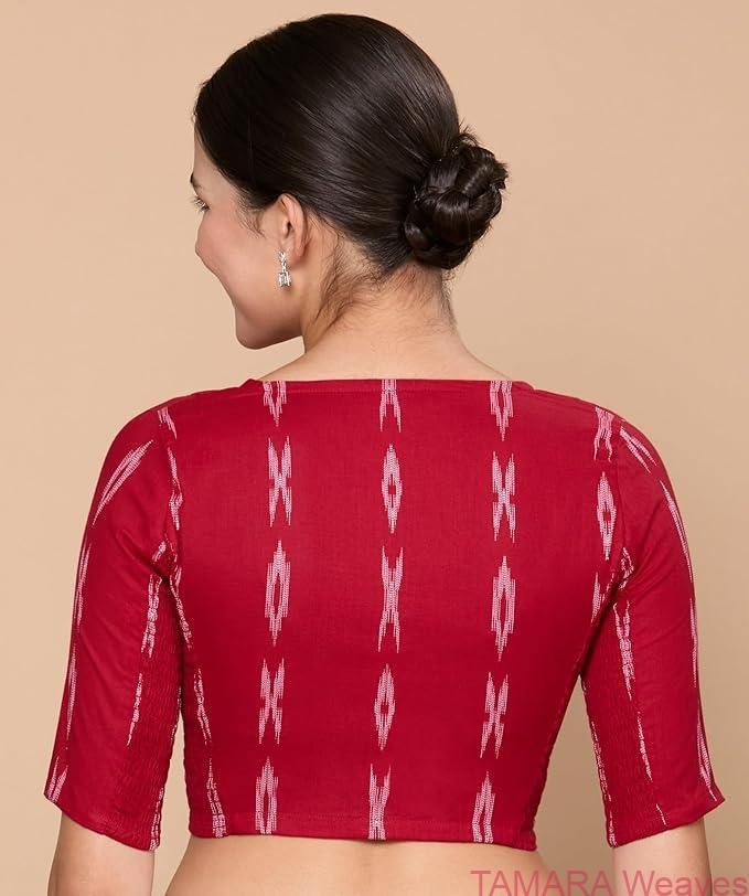 Stretchable Ready to wear Saree Blouse - Red Ikat Cotton Blouse - Image 4