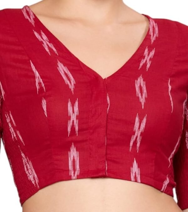 Stretchable Ready to wear Saree Blouse - Red Ikat Cotton Blouse - Image 6