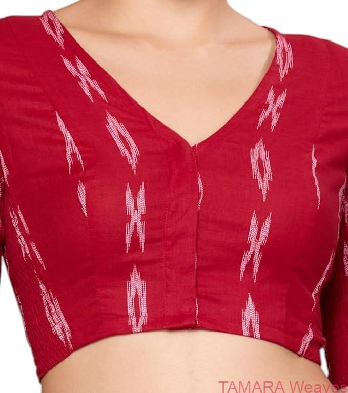 Stretchable Ready to wear Saree Blouse - Red Ikat Cotton Blouse - Image 6