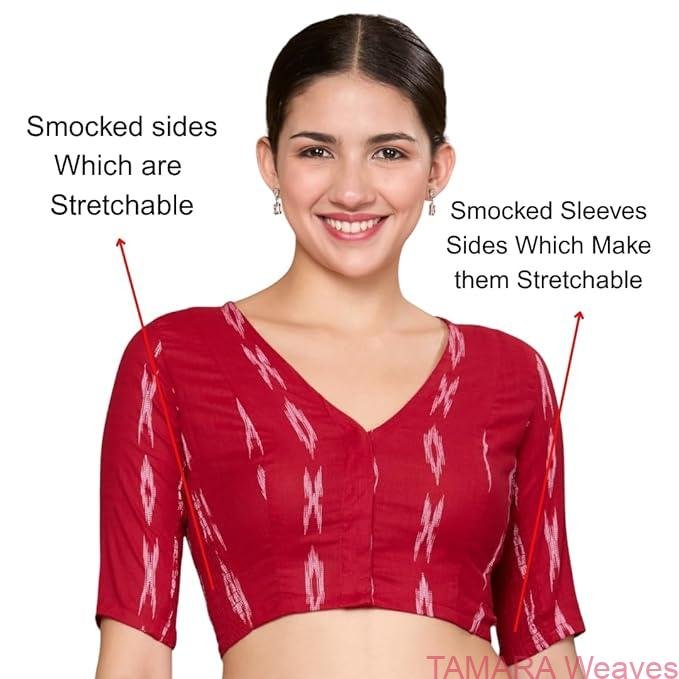Stretchable Ready to wear Saree Blouse - Red Ikat Cotton Blouse - Image 7