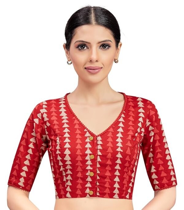 Ready to wear Saree Blouse - Red block print cotton blouse