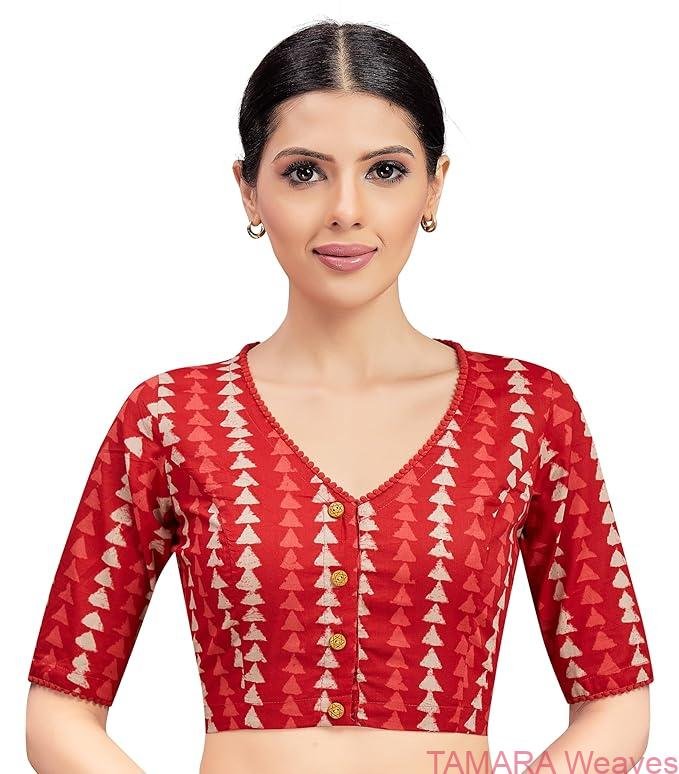 Ready to wear Saree Blouse - Red block print cotton blouse