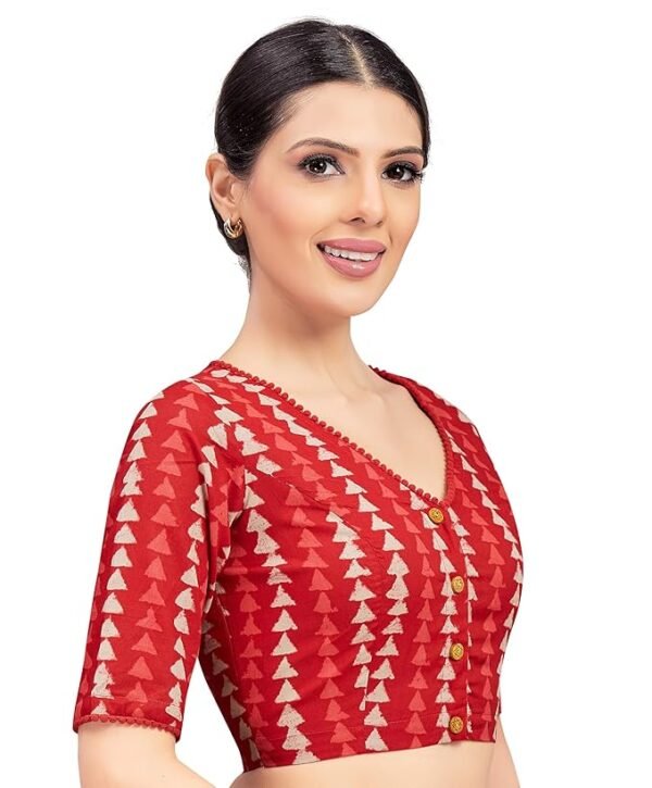 Ready to wear Saree Blouse - Red block print cotton blouse - Image 4