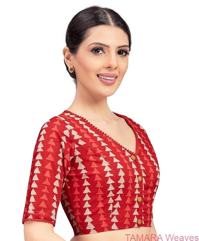 Ready to wear Saree Blouse - Red block print cotton blouse - Image 2