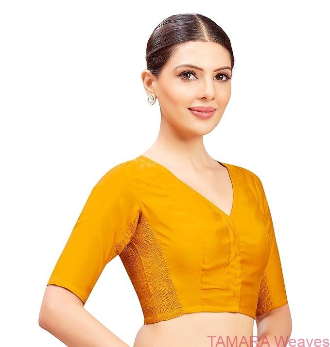 Stretchable Ready to wear Saree Blouse - Golden yellow colour - Image 3