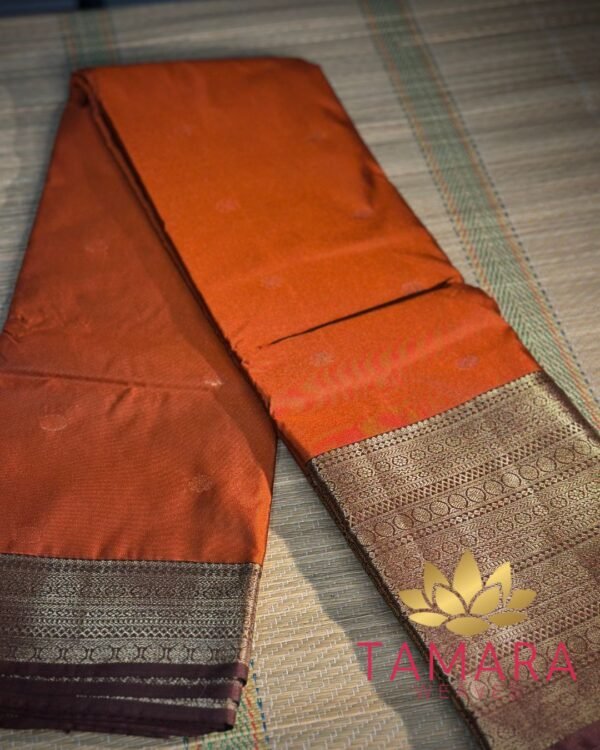 Arya inspired Saree - Semi kanchipuram silk saree - rust orange and coffee brown - antique gold zari - Image 3