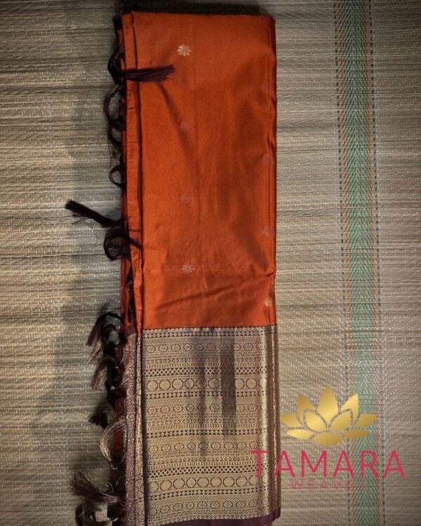 Arya inspired Saree - Semi kanchipuram silk saree - rust orange and coffee brown - antique gold zari