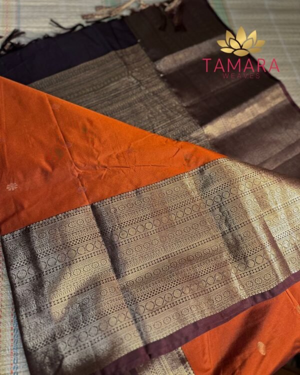 Arya inspired Saree - Semi kanchipuram silk saree - rust orange and coffee brown - antique gold zari - Image 2