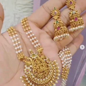 3 layered pearl long haram with kemp stone with jhumka earrings ((delivery available after Aug 13))