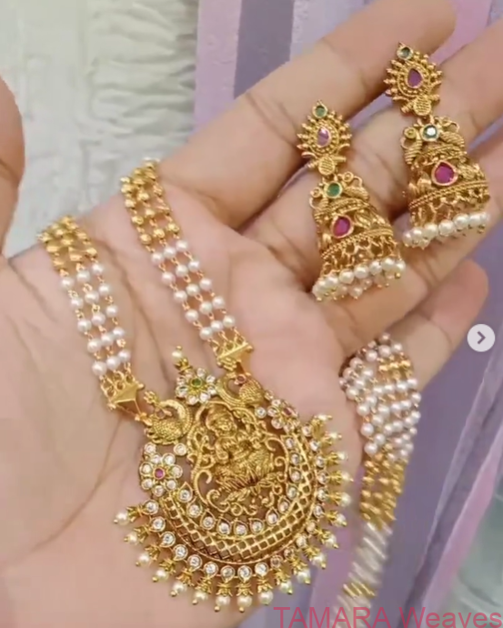 3 layered pearl long haram with kemp stone with jhumka earrings ((delivery available after Aug 13))