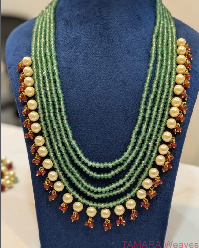Multi layered green beads with pearls and ruby ((delivery available after Aug 13))