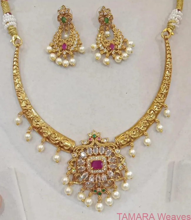 American diamond (AD) hasli pendant set with chandbali earrings ((delivery available after Aug 13))