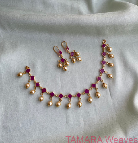 Gold replica ruby and hanging pearls - Hyderabad necklace - Available after September 2025