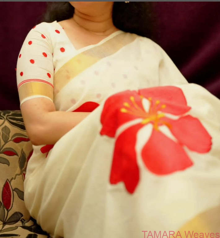 Tamara hibiscus saree - red and gold flower saree - applique work - Image 2