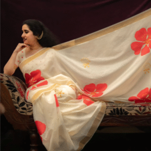 Tamara hibiscus saree - red and gold flower saree - applique work
