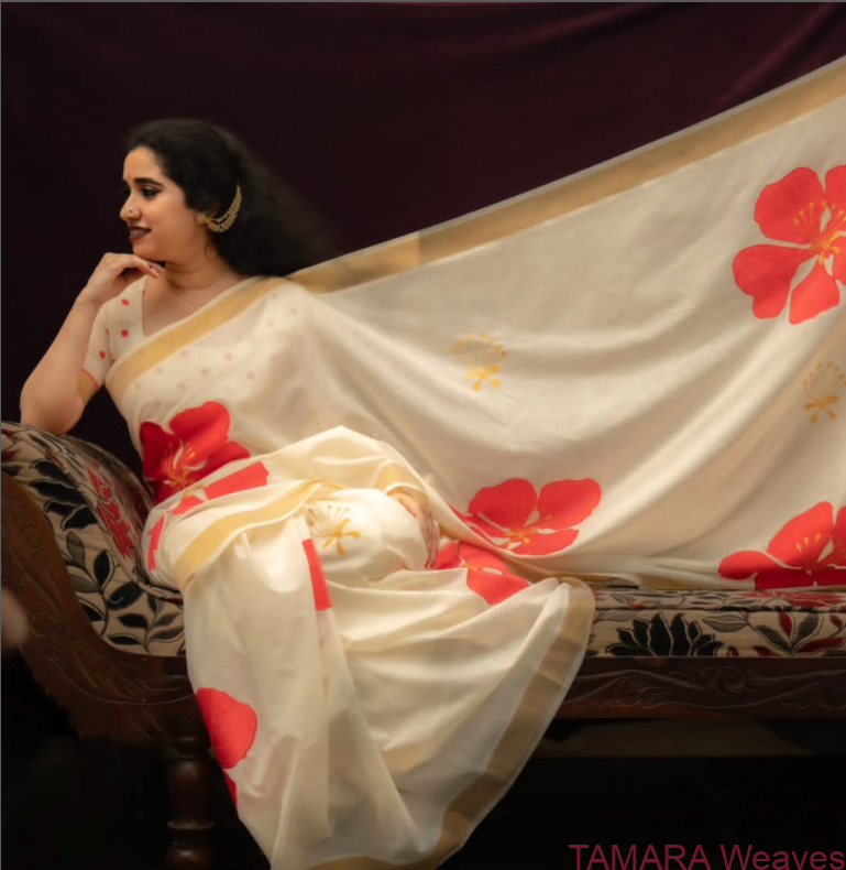 Tamara hibiscus saree - red and gold flower saree - applique work