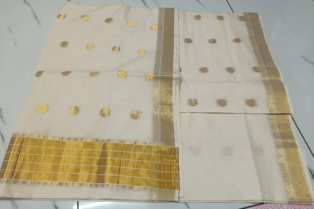 Tamara gold polka dot Kerala cotton set saree premium quality
