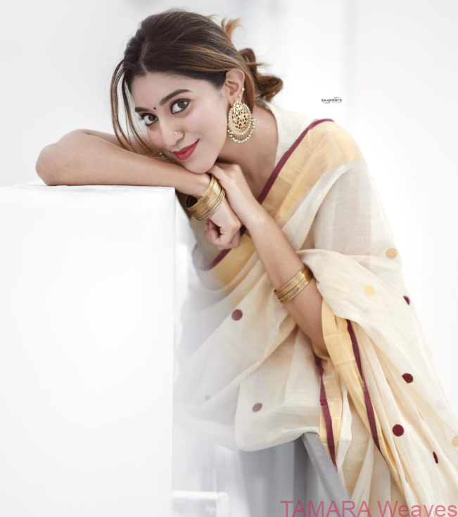 Tamara presents pure handloom polka dot saree (dark maroon kara)