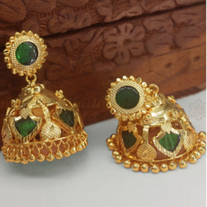 Gold tone green palakka 5 petal jhumka - microplated with 18k gold