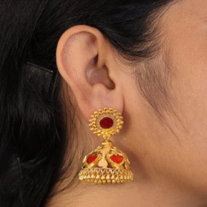 Gold tone red palakka 5 petal jhumka - microplated with 18k gold