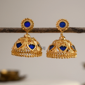 Gold tone blue palakka 5 petal jhumka - microplated with 18k gold