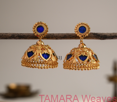 Gold tone blue palakka 5 petal jhumka - microplated with 18k gold