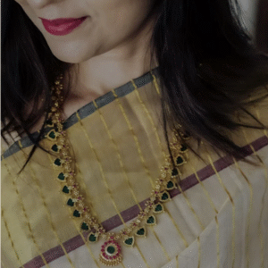 Gold replica Palakka Long Haram Necklace with Pendant green colour