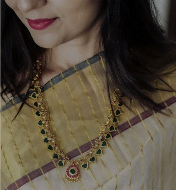 Gold replica Palakka Long Haram Necklace with Pendant green colour