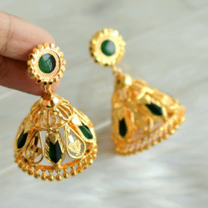 Gold tone green nagapadam 5 petal jhumka - microplated with 18k gold
