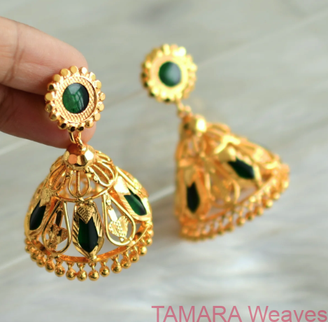 Gold tone green nagapadam 5 petal jhumka - microplated with 18k gold