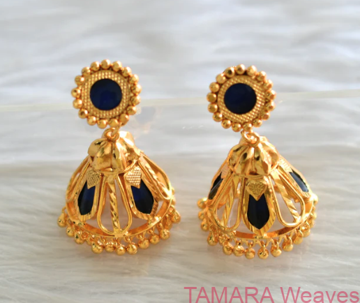 Gold tone blue nagapadam 4 petal jhumka - microplated with 18k gold