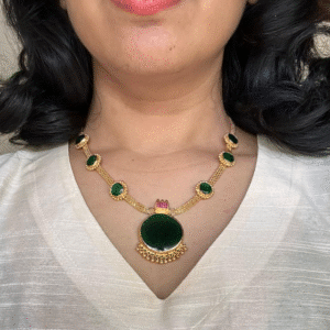 Gold tone green round palakka necklace - very rare piece microplated with 18k gold