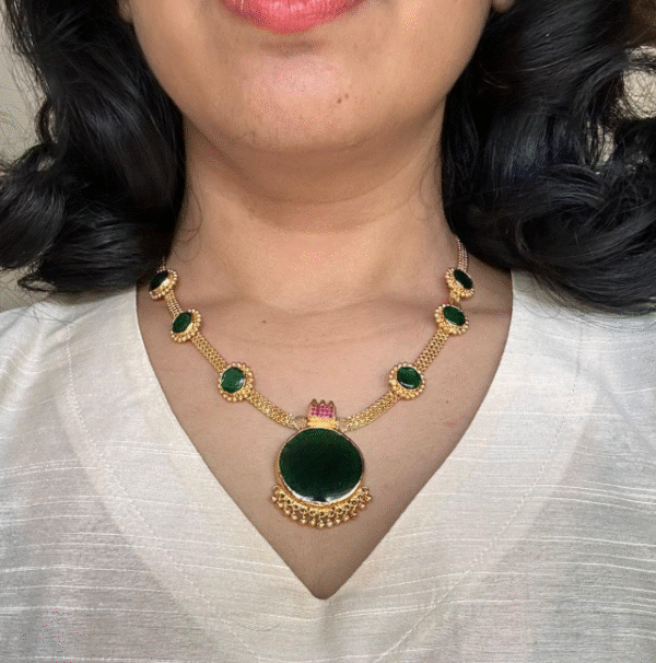 Gold tone green round palakka necklace - very rare piece microplated with 18k gold
