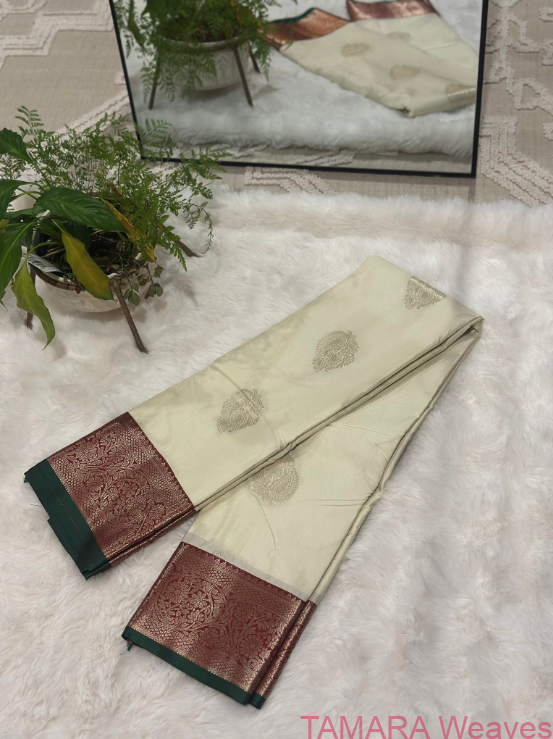 Semi kanchipuram silk saree - cream with green and maroon border and antique zari - Image 2