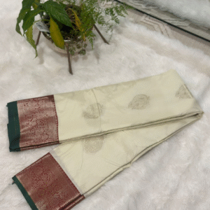 Semi kanchipuram silk saree - cream with green and maroon border and antique zari