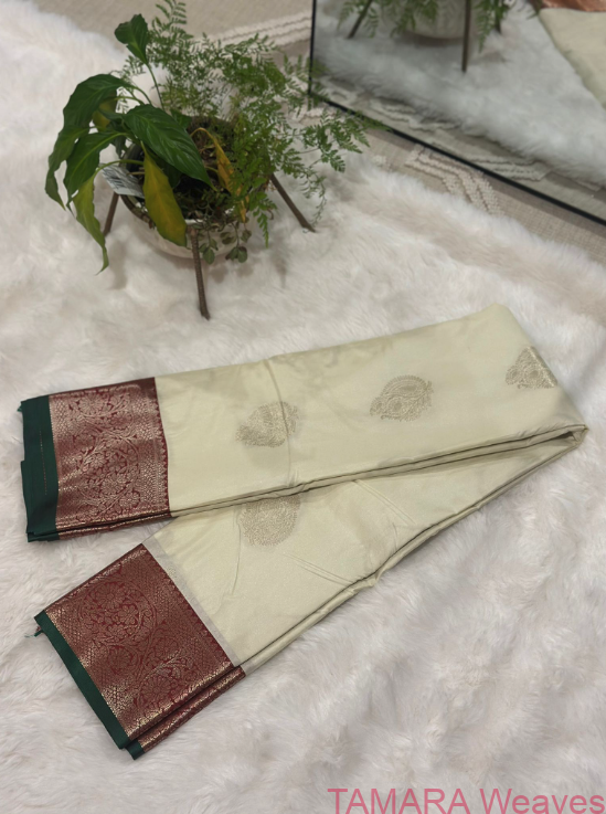 Semi kanchipuram silk saree - cream with green and maroon border and antique zari